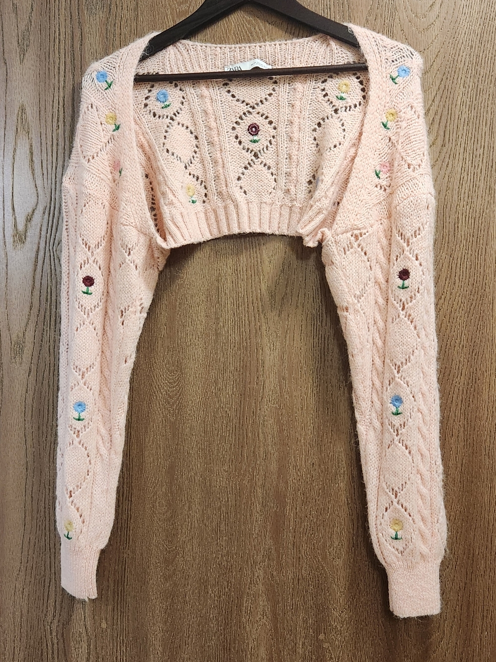 Zara Peach Cropped Knit Shrug with Floral Embroidery